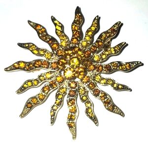 Vtg Amber Rhinestone Sun Pin Brooch